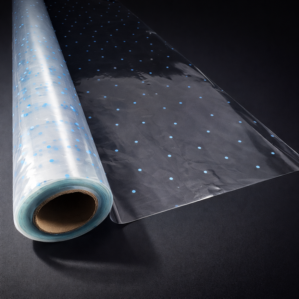Rollo de papel de regalo transparente con lunares azul claro, 50 m