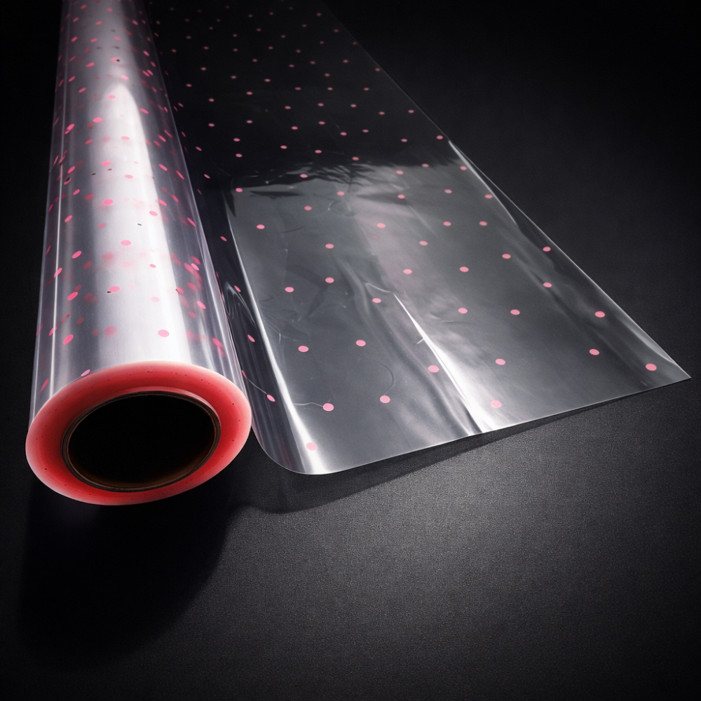 Rollo de papel de regalo transparente con lunares rosa claro, 50 m