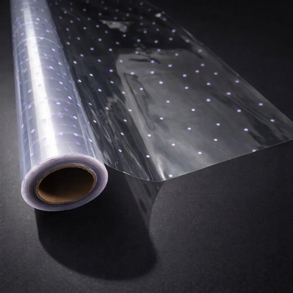 Rollo de papel de regalo transparente con lunares malva, 50 m