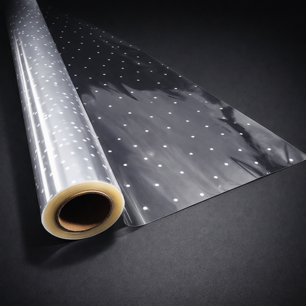 Rollo de papel de regalo transparente con lunares plateados, 50 m