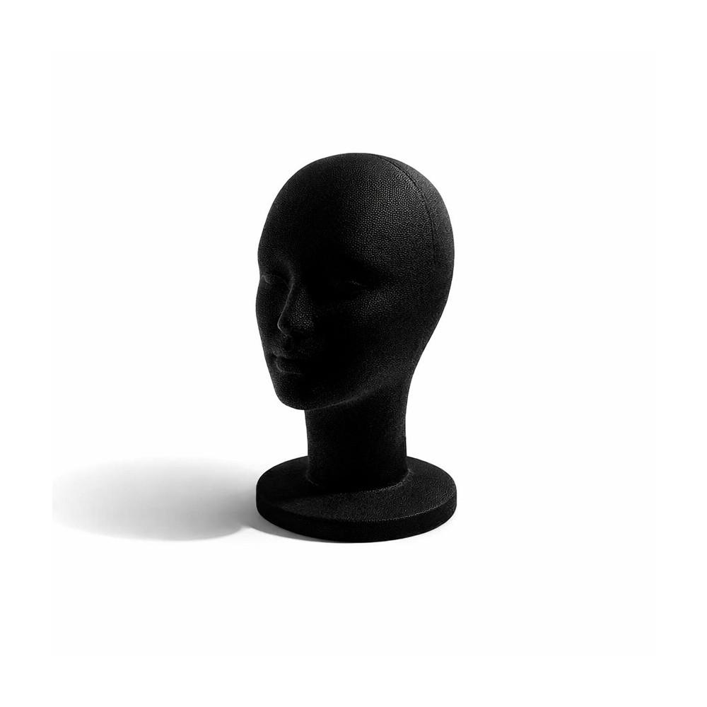 Cabeza de mujer de poliestireno y fieltro negro, 52 cm