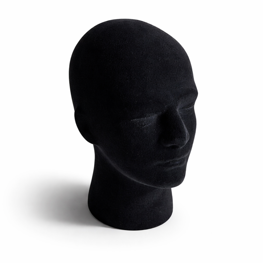 Cabeza de hombre de poliestireno y fieltro negro, 55 cm