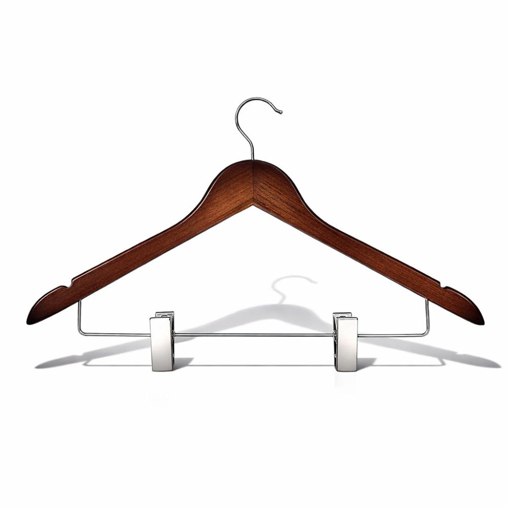 6 perchas de madera oscura con pinzas para pantalones o faldas de 44 cm