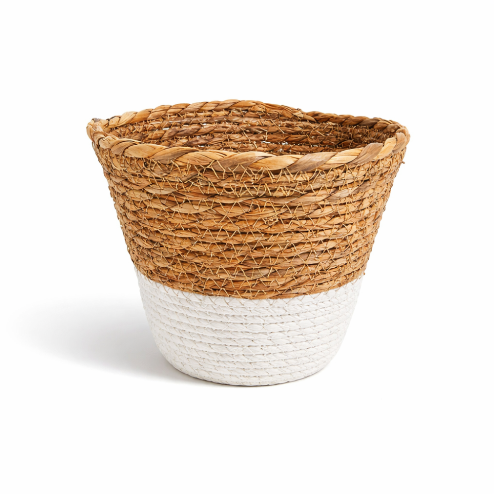 Cesta grande de rafia trenzada con fondo blanco, 22 cm