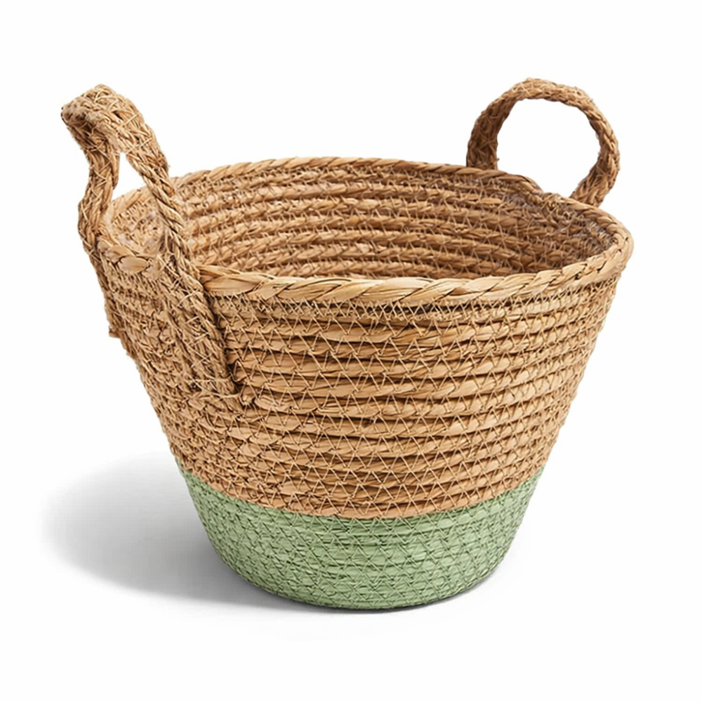 Cesta grande de rafia trenzada con fondo verde almendra y asas de 22 cm