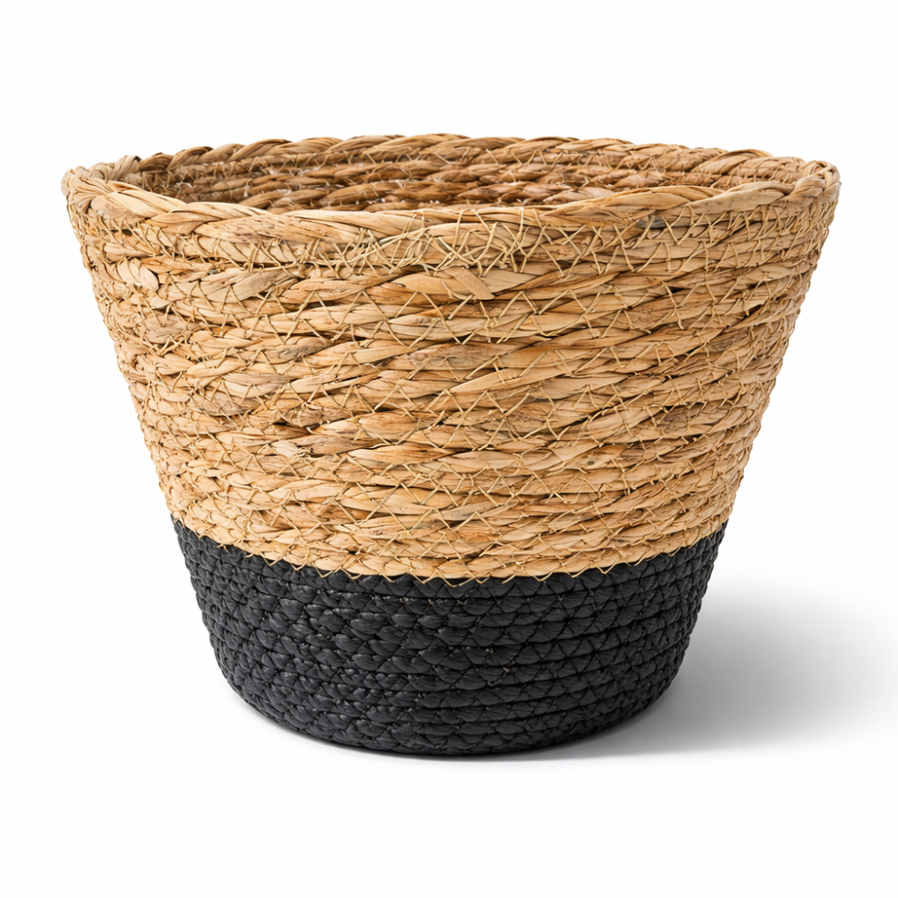 Macetero grande de rafia trenzada con fondo negro, 25 cm