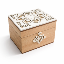 Pequeña caja de madera con motivo de flor blanca en relieve