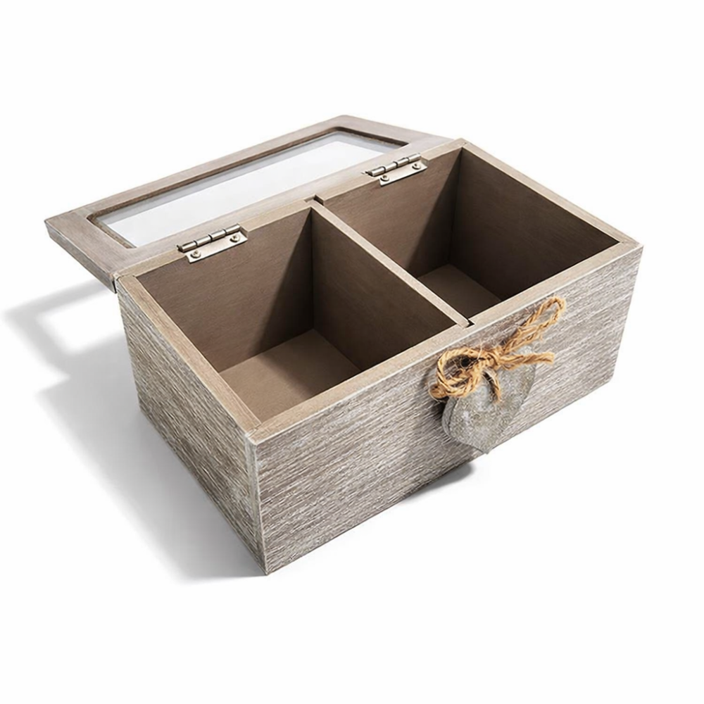 Caja para joyas de madera con 2 compartimentos y tapa de cristal, caja para joyas