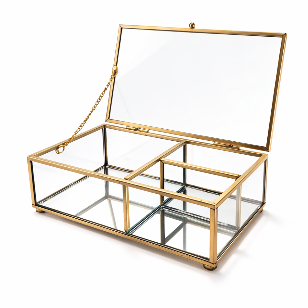 Caja grande para joyas de metal dorado y vidrio con compartimentos 25x17,5x8,5 cm