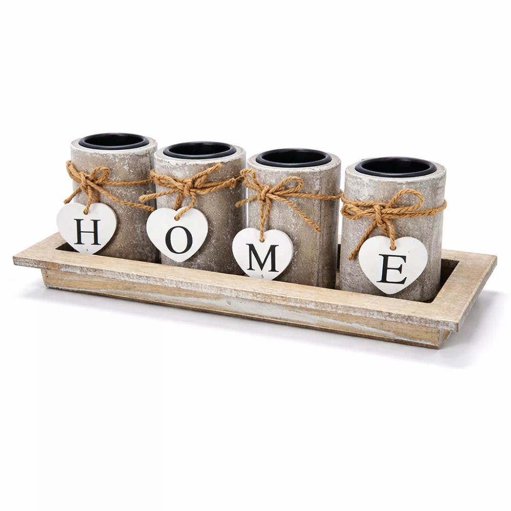 Plateau 4 bougeoirs en bois inscription "Home"