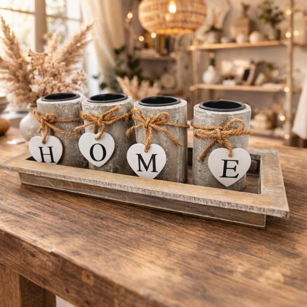 Bandeja con 4 candelabros de madera con registro «Home»