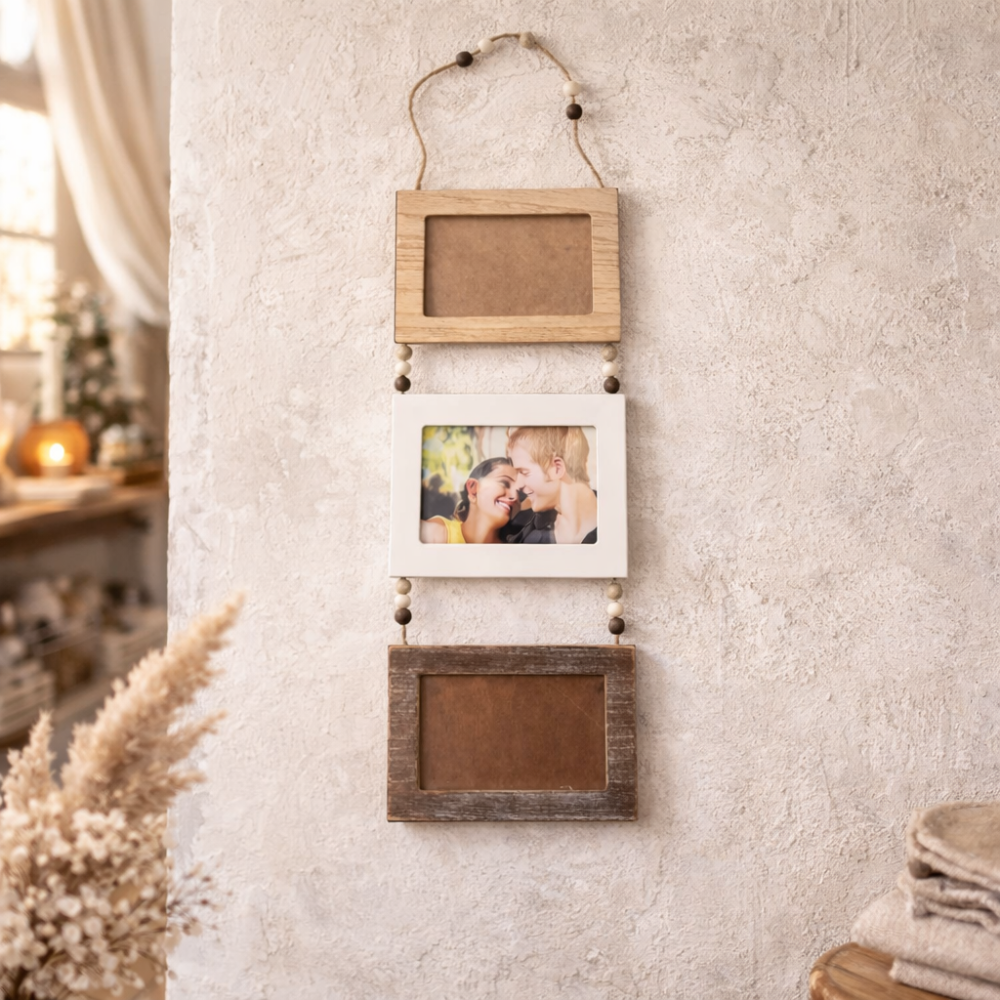 Decoración de pared con 3 marcos rectangulares de madera para fotos