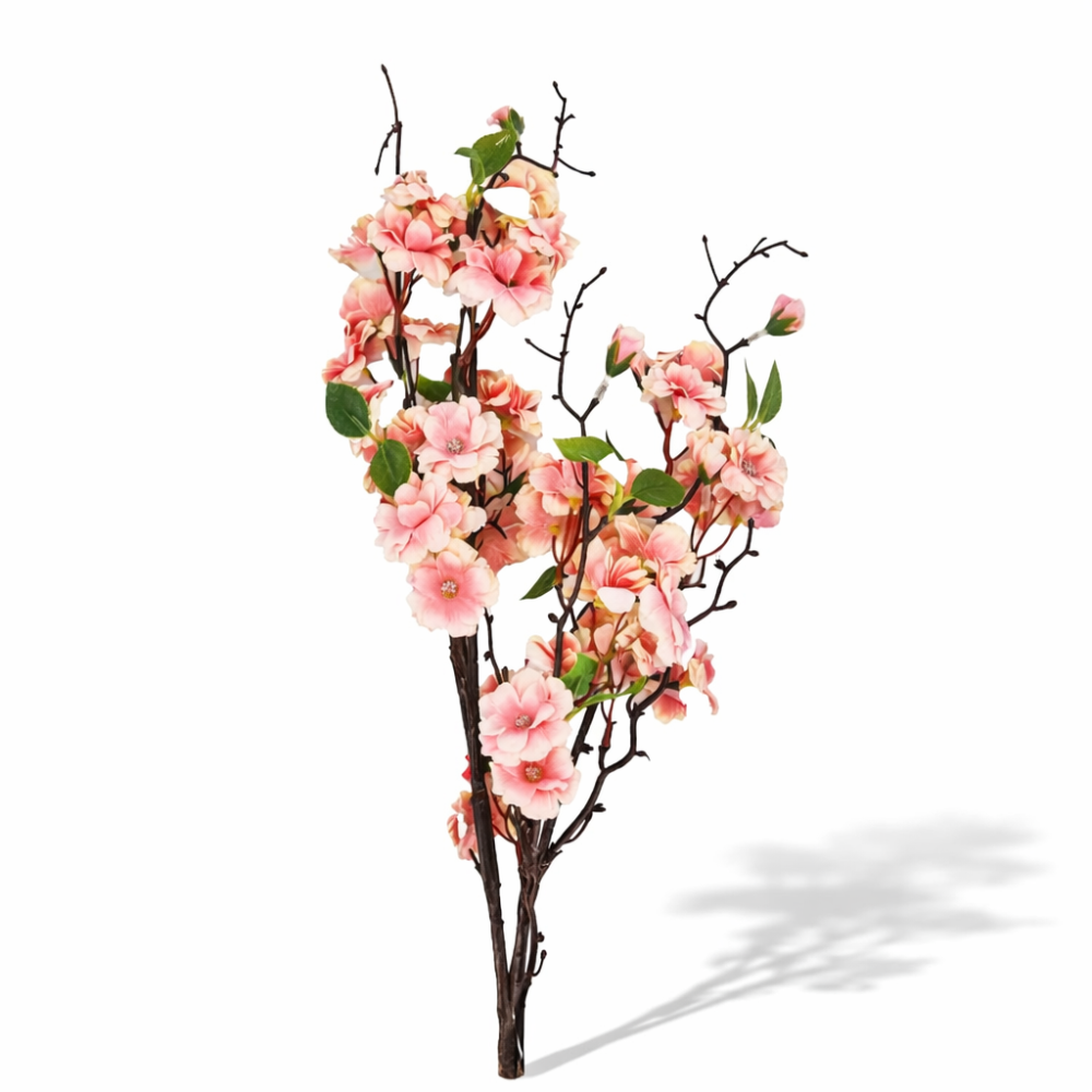 Rama artificial larga de rosa silvestre con pequeñas flores rosas.