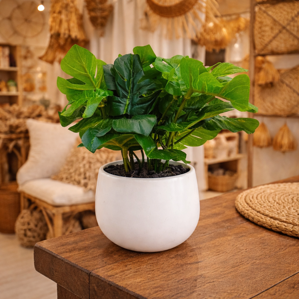Planta artificial decorativa tipo Monstera en maceta blanca