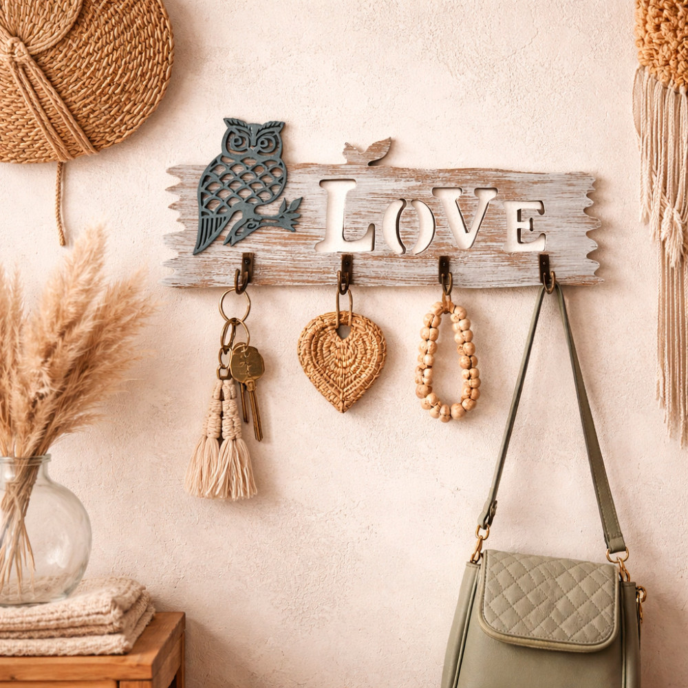 Llavero de pared con aspecto de madera clara «Love» y motivo de búho