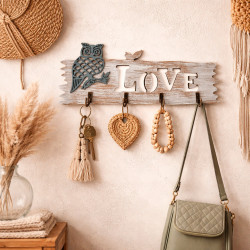 Llavero de pared con aspecto de madera clara «Love» y motivo de búho