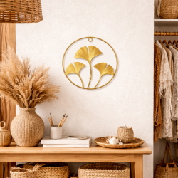Decoración de pared circular con rama de 3 hojas de metal dorado