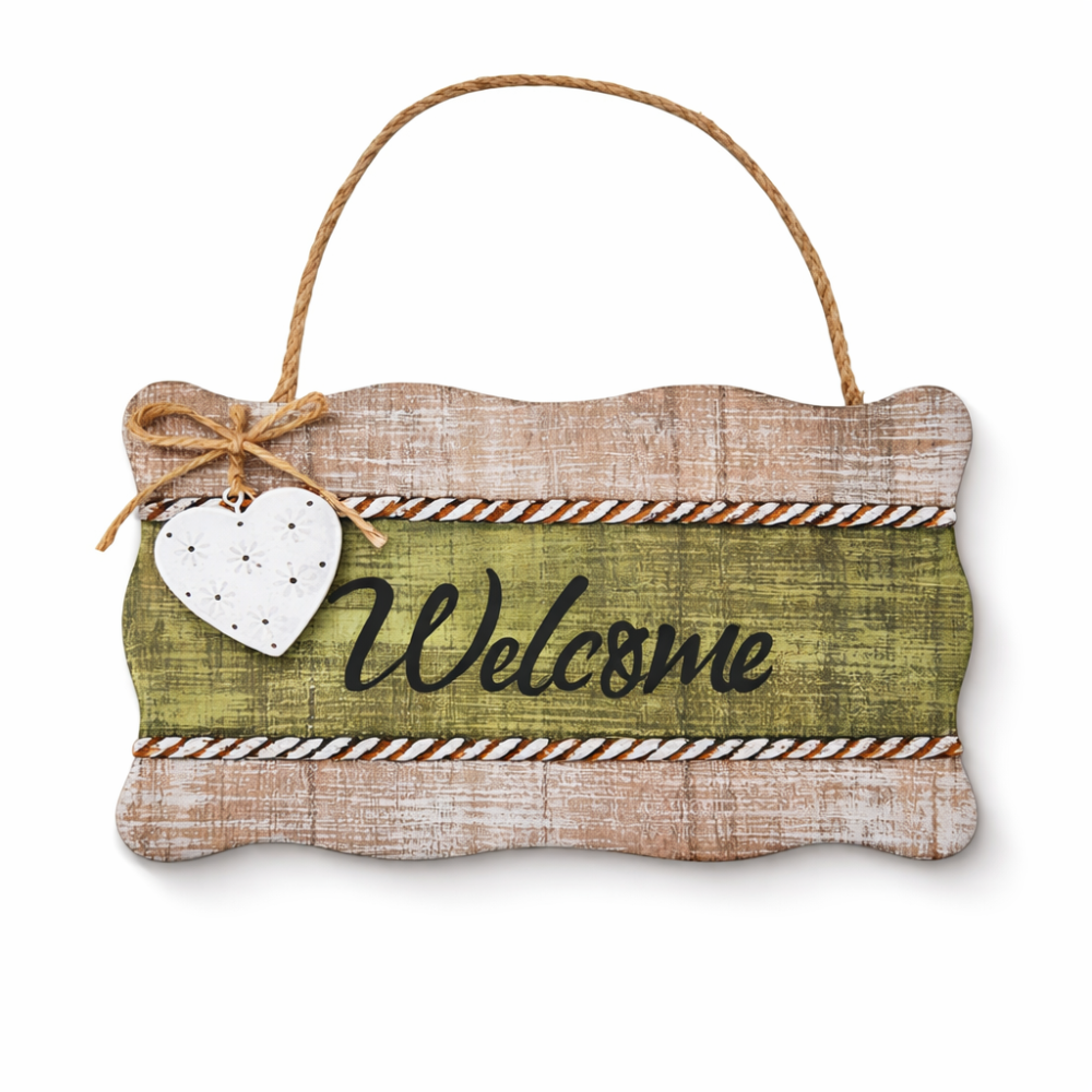 Cartel decorativo «Welcome» con aspecto de madera verde, cartel para puerta