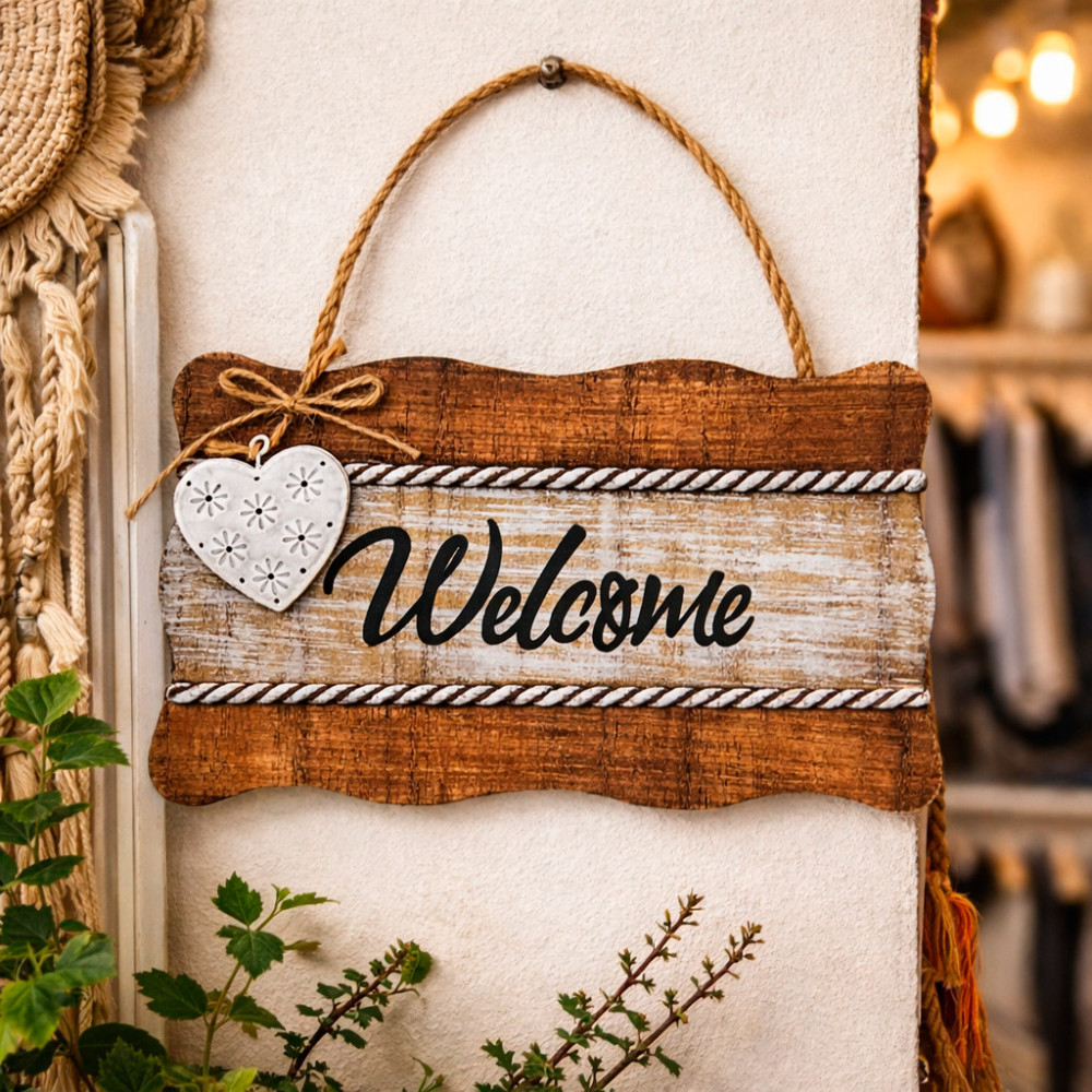 Cartel decorativo «Welcome» sobre fondo de madera blanqueada
