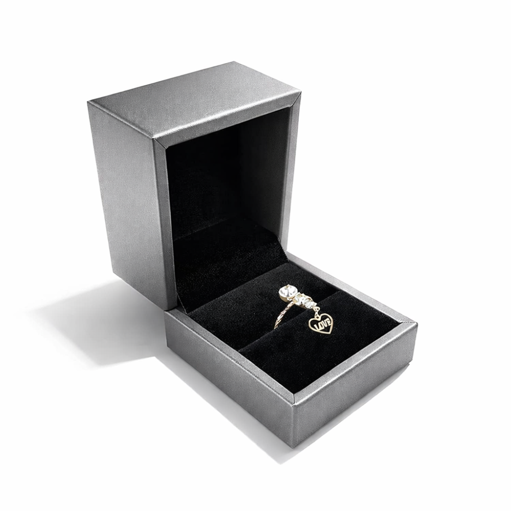 Estuche para anillos con aspecto de símil piel gris metalizado 6x6,5x5 cm