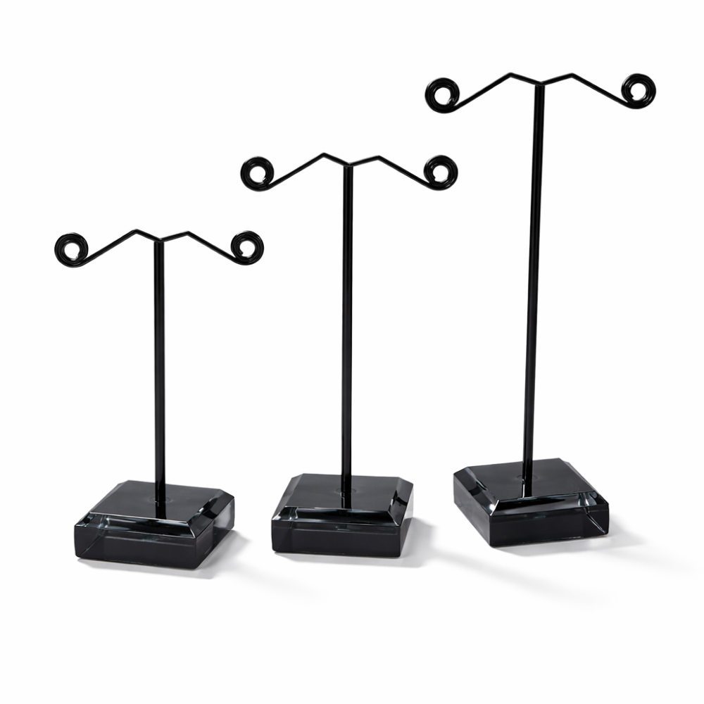 Lote de 3 pequeños soportes para joyas de metal negro y metacrilato negro
