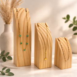 Juego de 3 expositores para collares de madera natural - 3 alturas surtidas