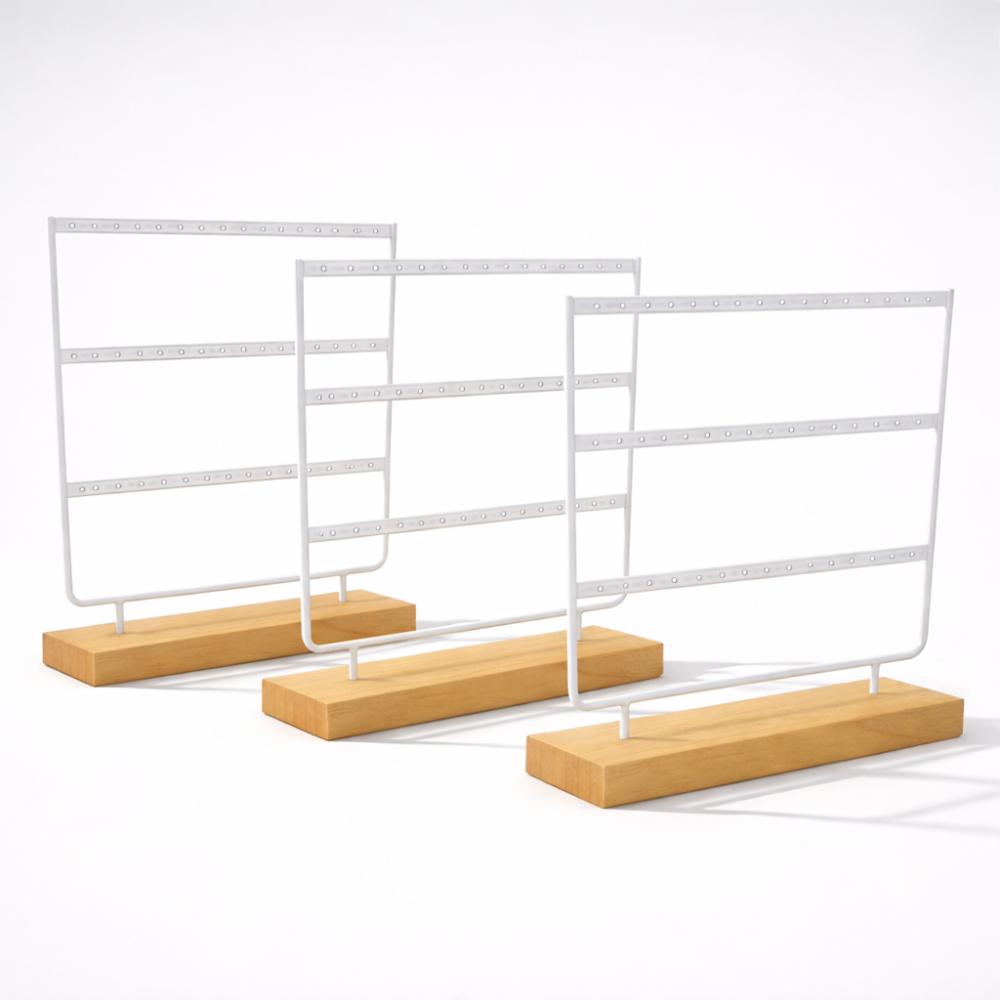 PACK TRÍO: 3 expositores de 33 pares de madera y metal blanco - 30 % DE DESCUENTO EN EL TERCERO