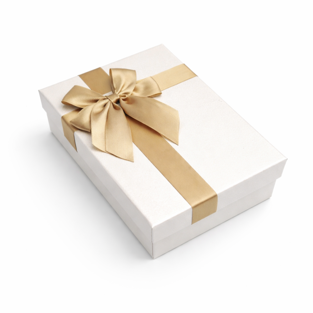 Caja de regalo grande blanca iridiscente y lazo de raso dorado - 23 x 16 x 9 cm