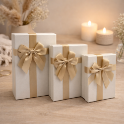 Surtido de 3 cajas de regalo blancas iridiscentes con lazos dorados