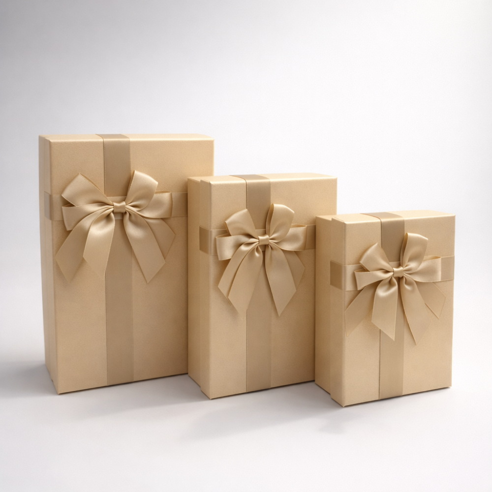 Surtido de 3 cajas de regalo color melocotón iridiscente con lazos dorados