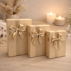 Surtido de 3 cajas de regalo color melocotón iridiscente con lazos dorados