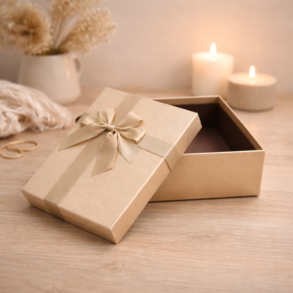 Caja de regalo grande color melocotón iridiscente 23 x 16 x 9 cm | Lazo de raso dorado