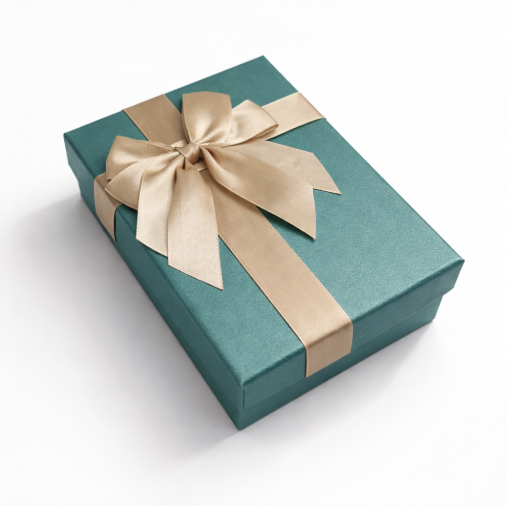 Caja de regalo verde azulado iridiscente y lazo de raso dorado - 21 x 14 x 8 cm
