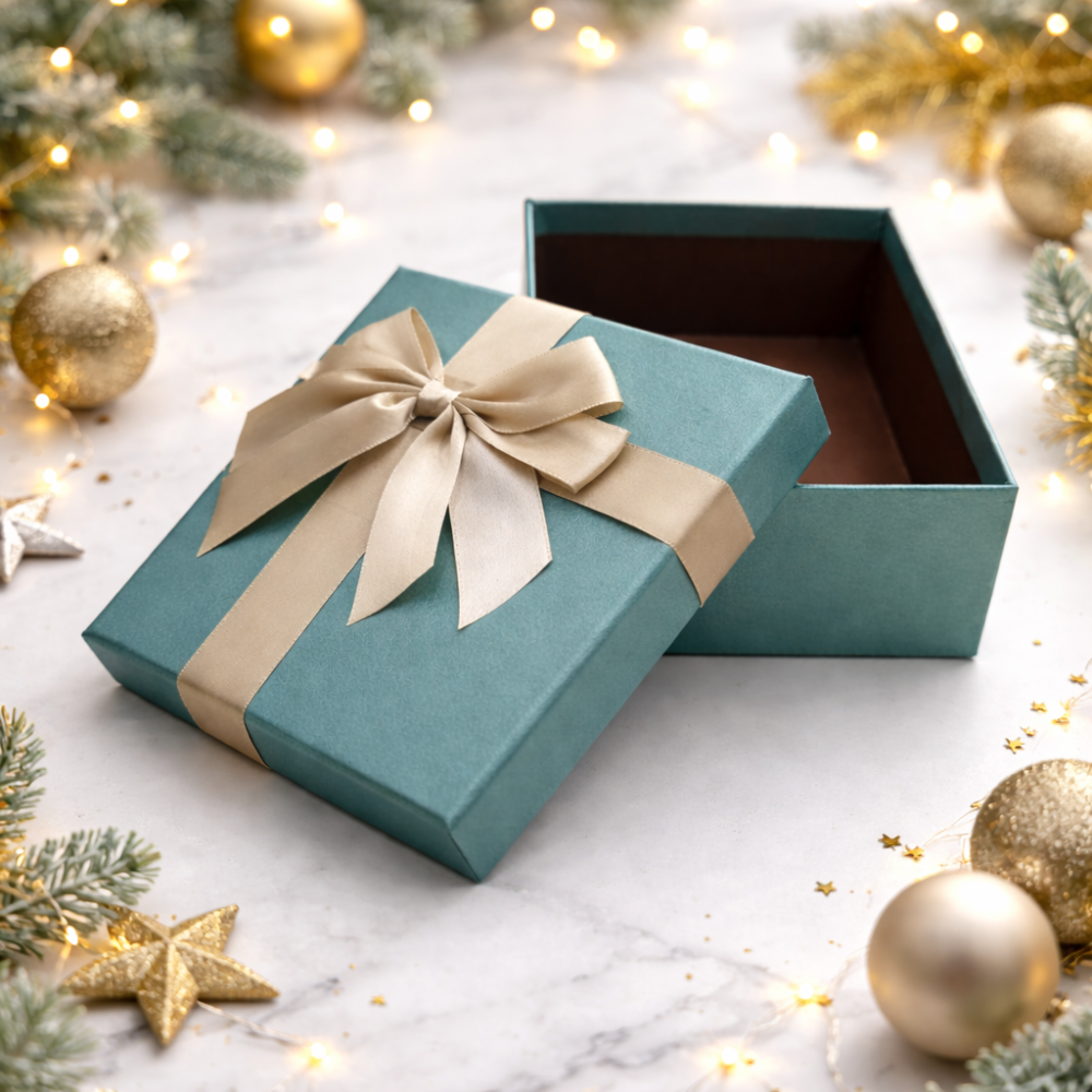 Caja de regalo grande verde azulado iridiscente 23 x 16 x 9 cm | Lazo de raso dorado