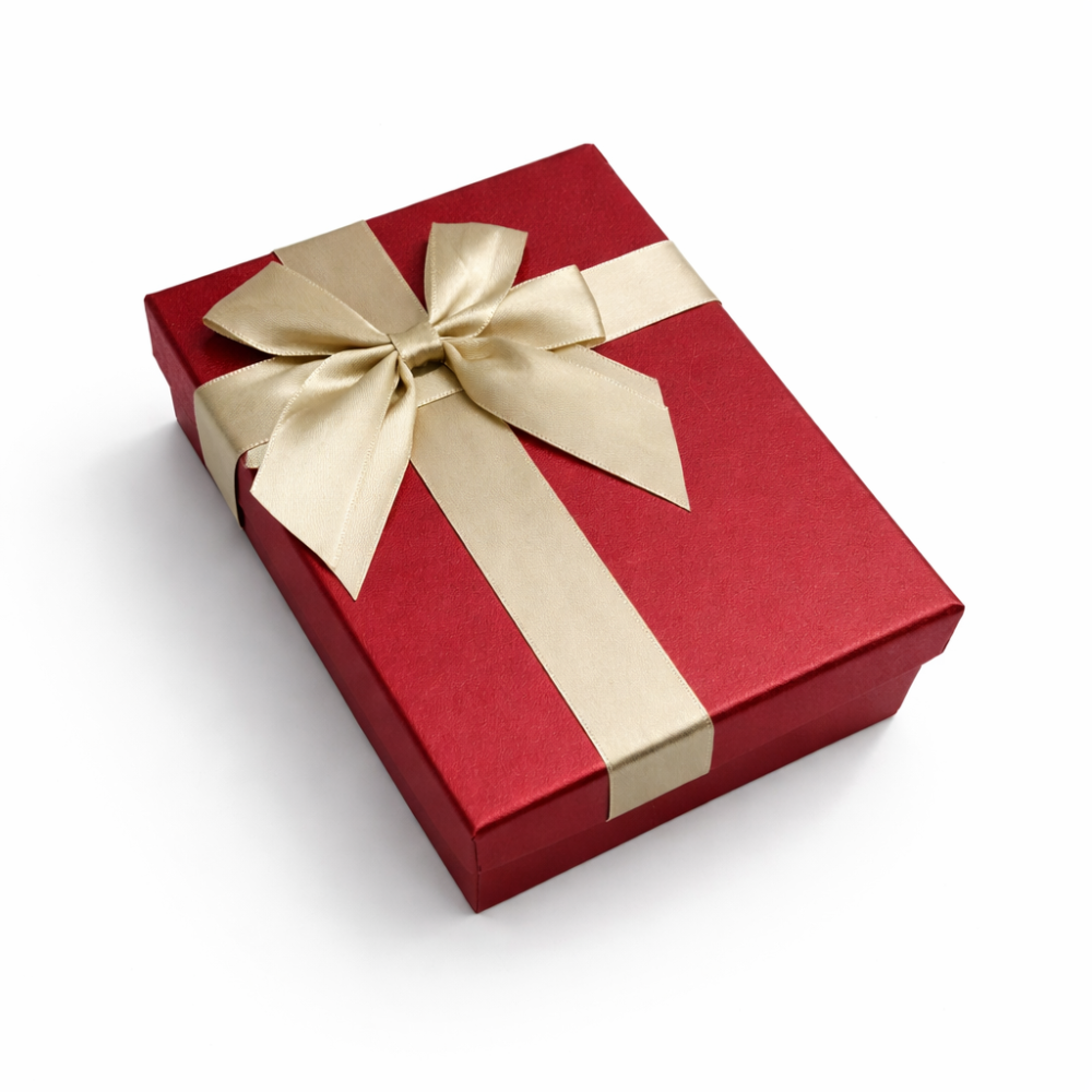 Caja de regalo roja iridiscente y lazo de raso dorado - 21 x 14 x 8 cm