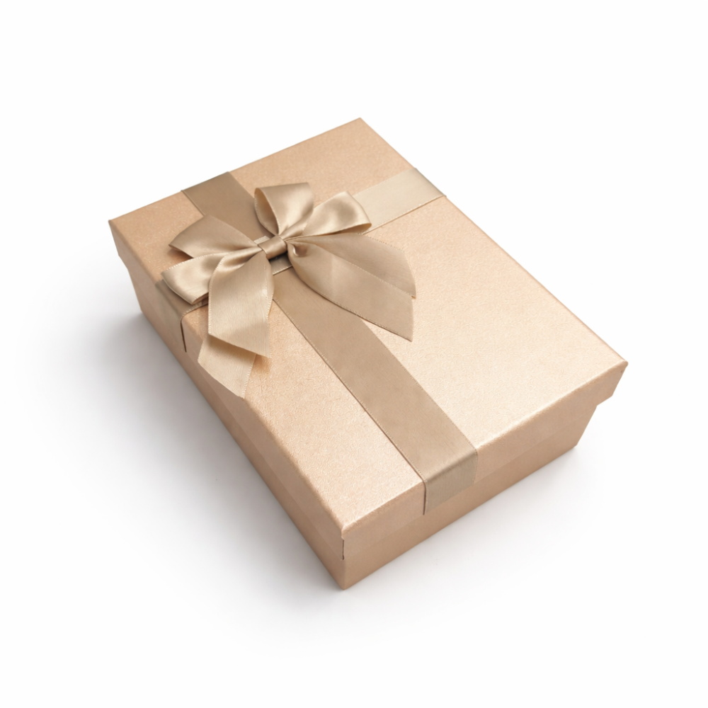 Caja de regalo color melocotón iridiscente y lazo de raso dorado - 21 x 14 x 8 cm