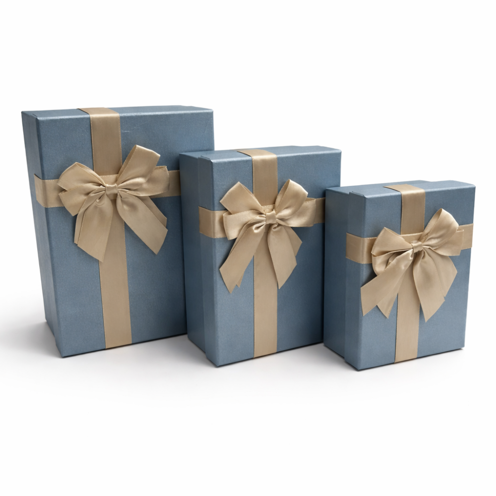 Surtido de 3 cajas de regalo azul escarchado iridiscente con lazos dorados