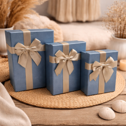 Surtido de 3 cajas de regalo azul escarchado iridiscente con lazos dorados
