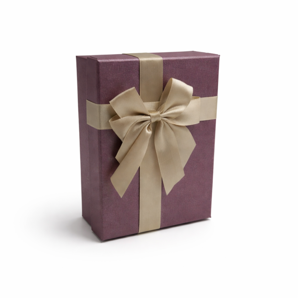 Caja de regalo pequeña de lujo color ciruela iridiscente y lazo dorado | 19 x 12 x 7 cm