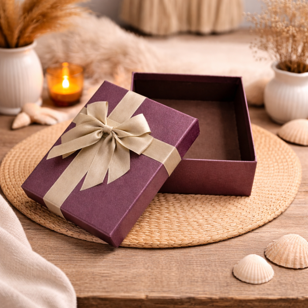 Caja de regalo pequeña de lujo color ciruela iridiscente y lazo dorado | 19 x 12 x 7 cm