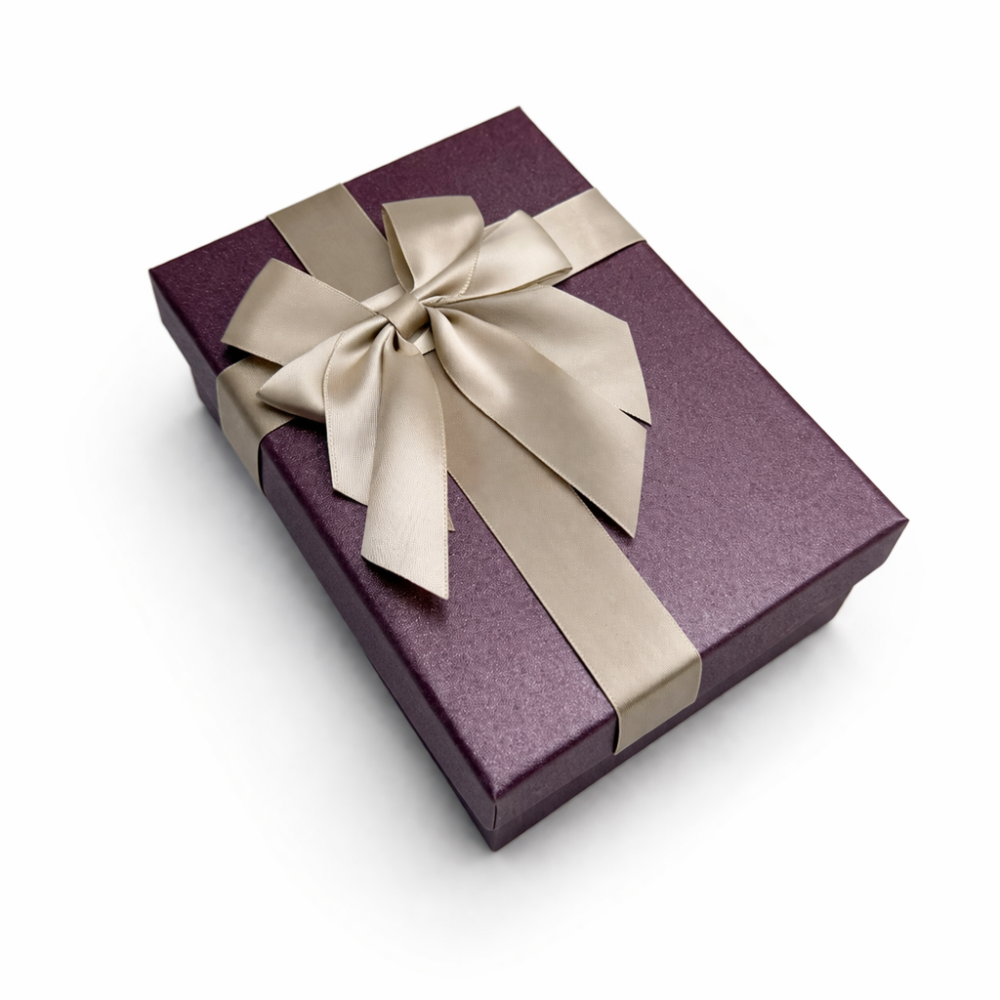 Caja de regalo grande color ciruela iridiscente y lazo de raso dorado - 23 x 16 x 9 cm