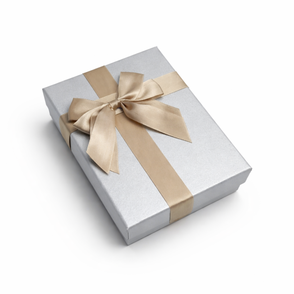 Caja de regalo gris perla iridiscente y lazo de raso dorado - 21 x 14 x 8 cm