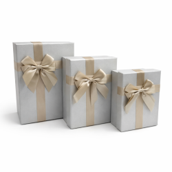 Surtido de 3 cajas de regalo gris perla iridiscente con lazos dorados