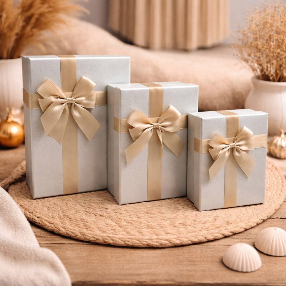 Pack de 3 cajas de regalo de lujo gris perla iridiscente con lazo dorado | Trío S-M-L