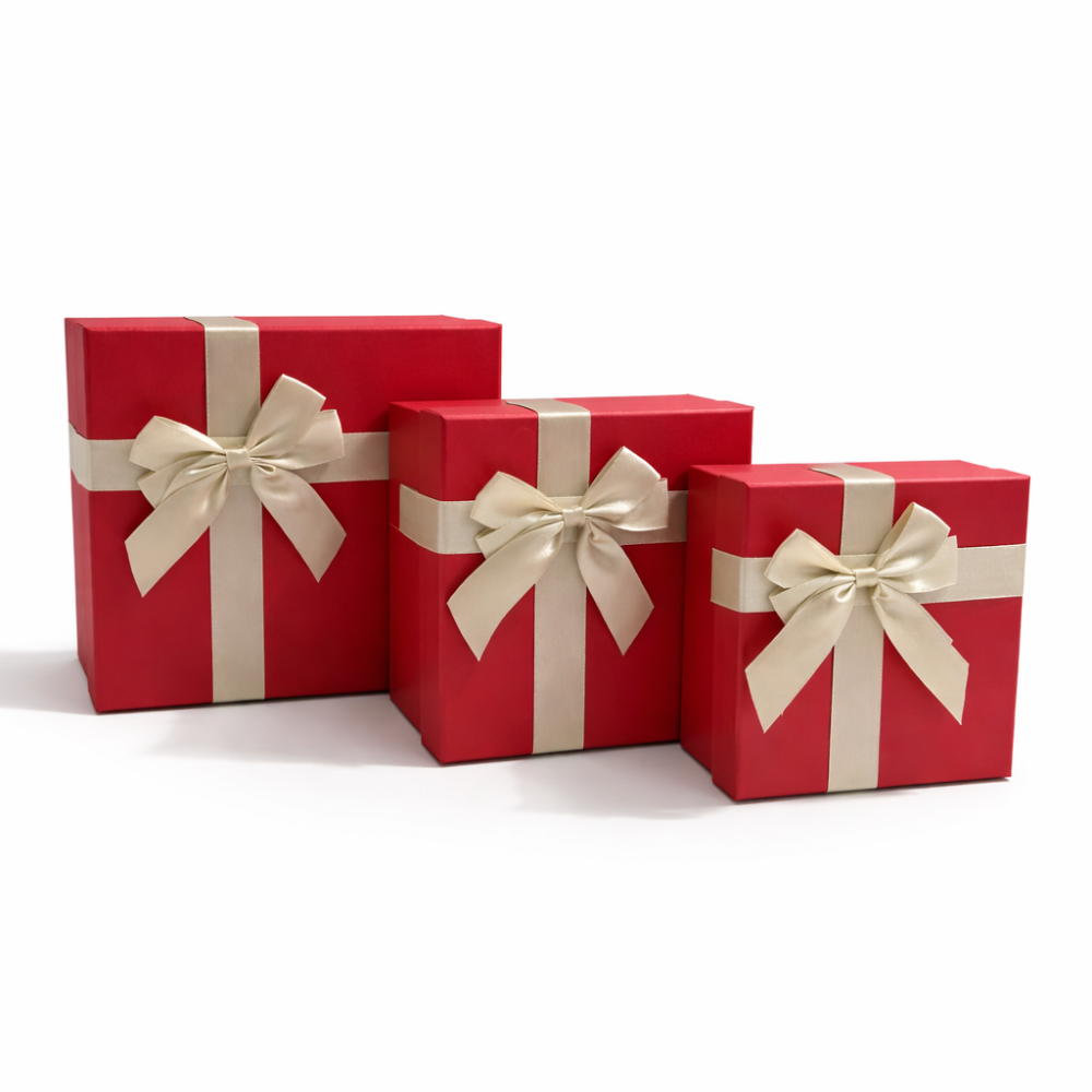 Lote de 3 cajas de regalo cuadradas en rojo iridiscente - Lazo de raso dorado