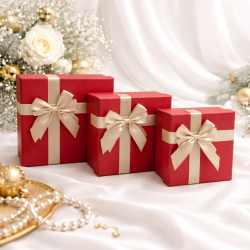 Lote de 3 cajas de regalo cuadradas en rojo iridiscente - Lazo de raso dorado