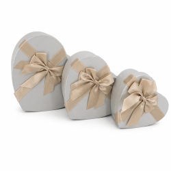 Pack 3 boîtes cadeaux cœur gris perle irisé & nœud or | Trio S-M-L