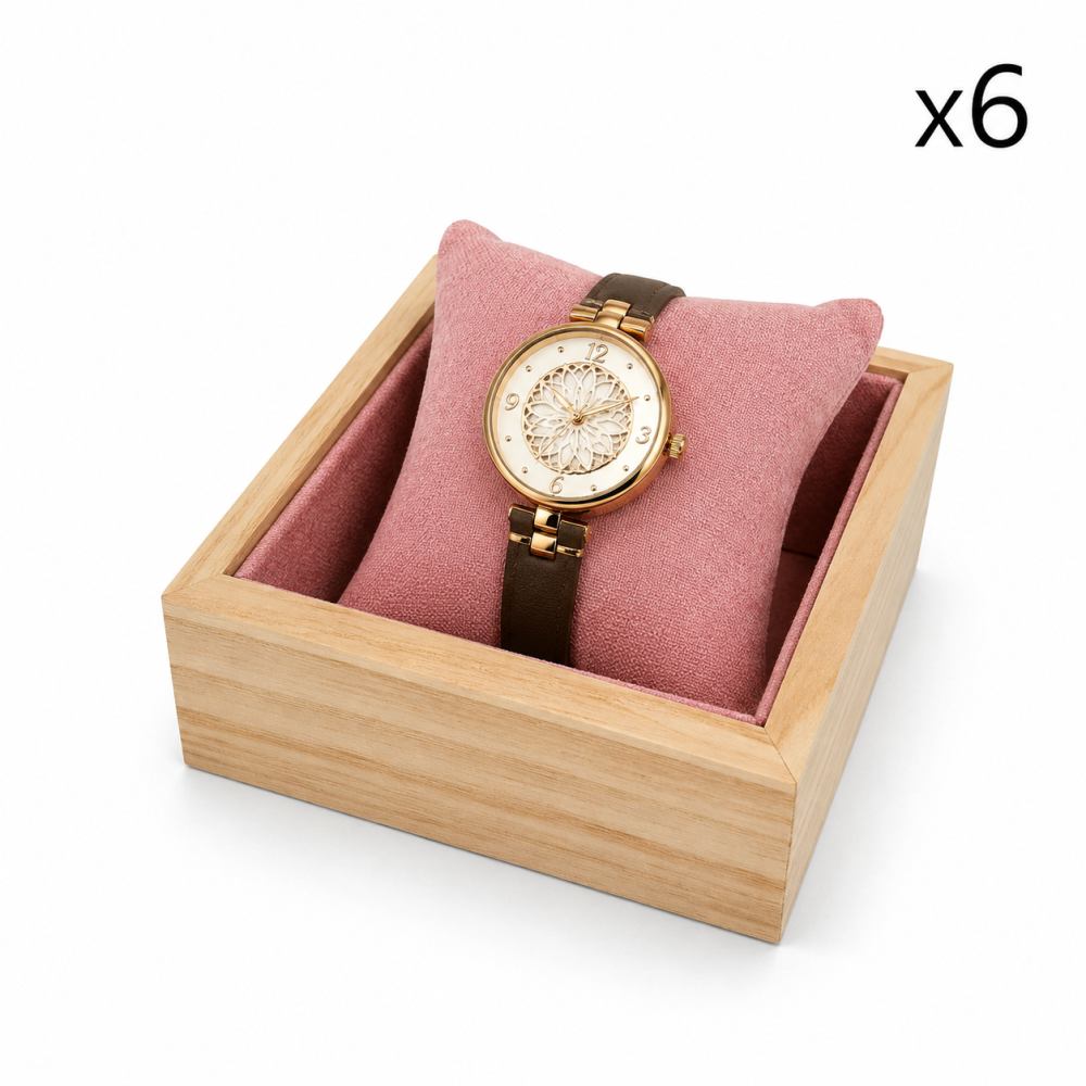 Cofre de presentación para relojes: Cajón de madera + Cojín de ante rosa