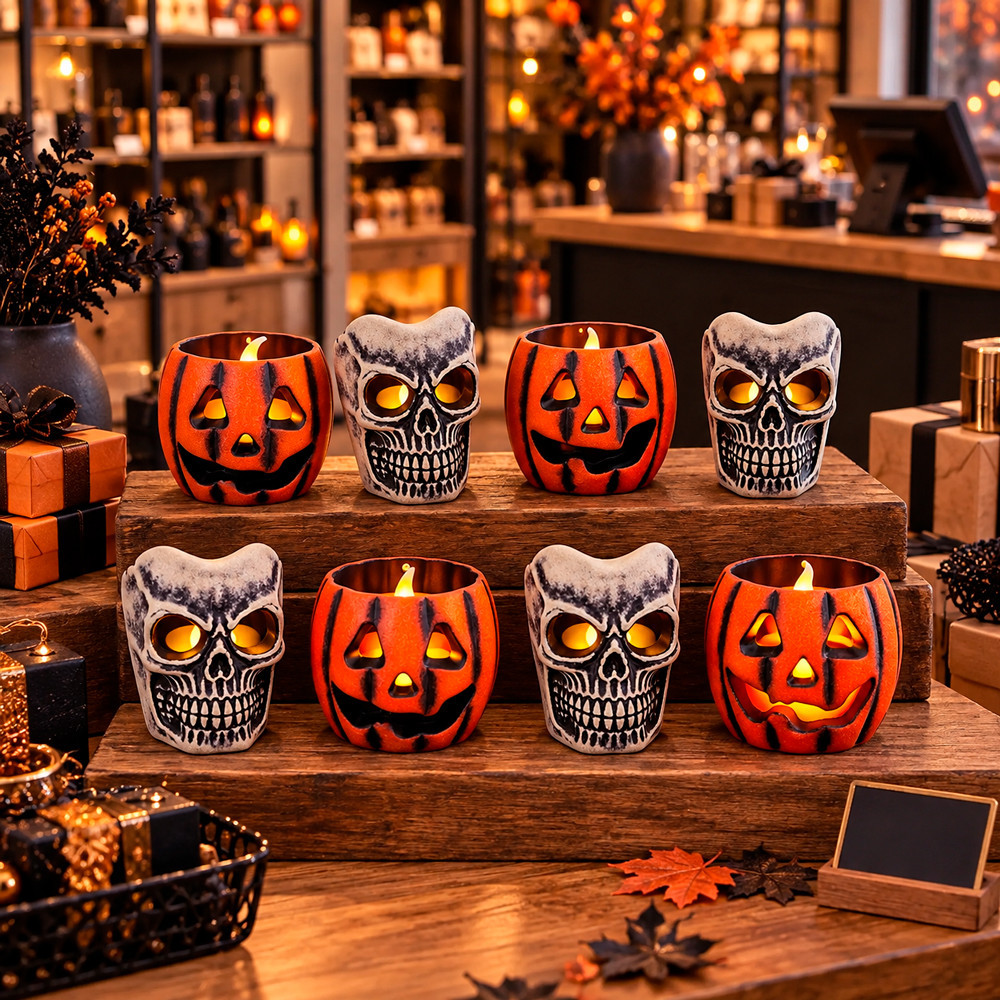Pack "Luz Negra" - 24 velas LED de Halloween, calabaza y calavera, -40%