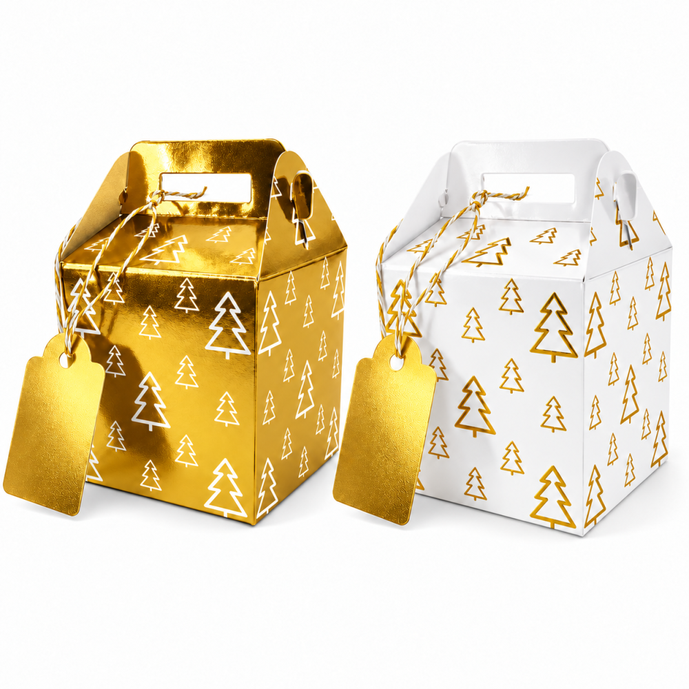 12 pequeñas cajas de regalo Navidad con motivos de abetos y etiqueta – 2 modelos dorado y blanco